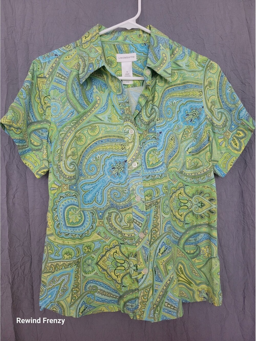 Liz Claiborne Silk Paisley Shirt Womens M Green Blue Button Front Boho Golf
